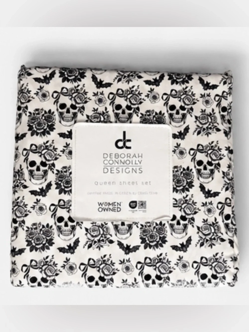 Deborah Connolly Designs Queen Sheet Set Skull Bat Floral Gothic Black  & White
